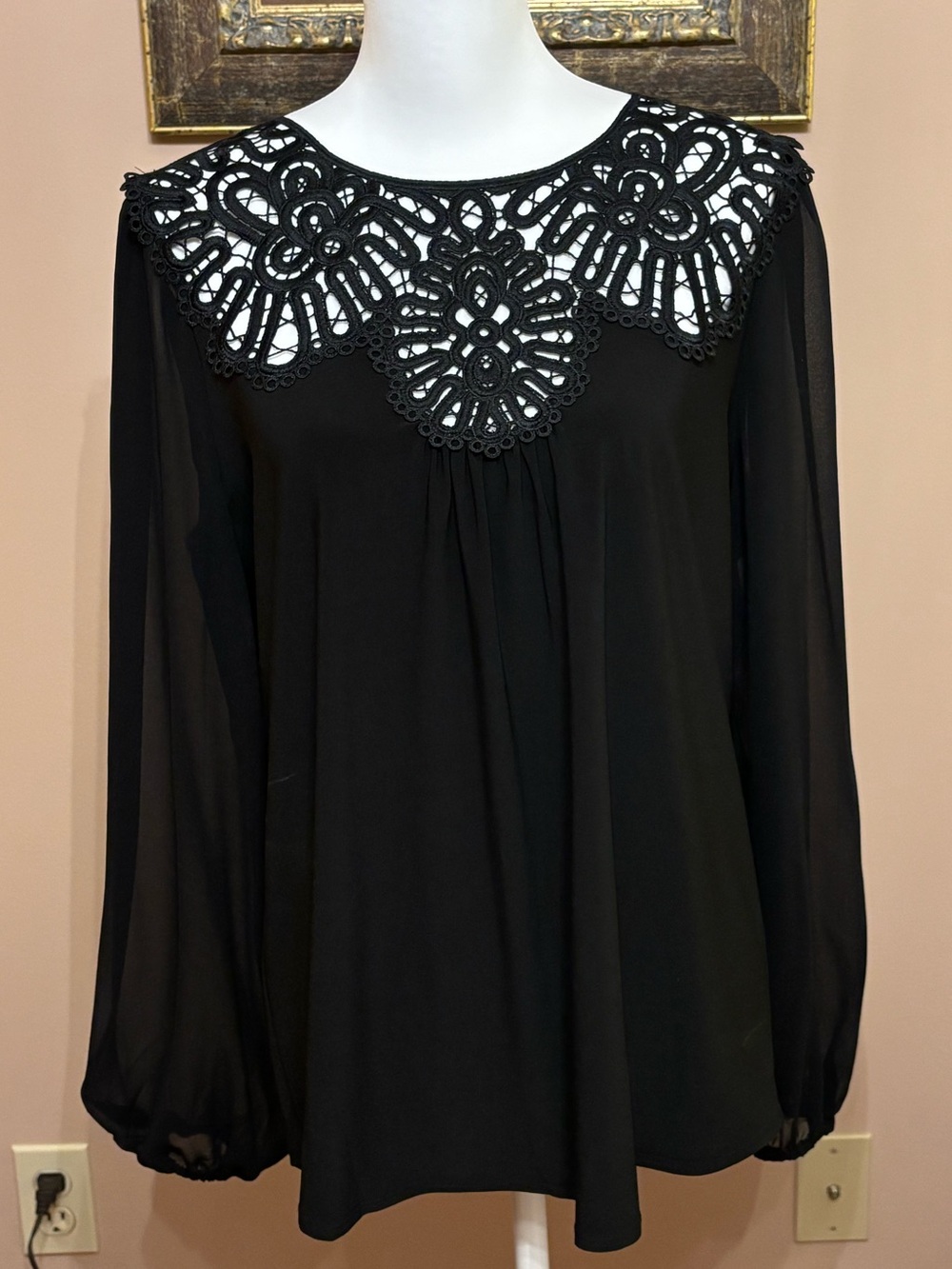 White House Black Market Black Long-Sleeve Blouse with Crochet Yoke